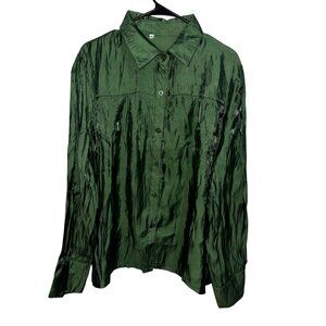 Green Button-Up Long-Sleeve Shirt 3XL Polyester Lightweight & Shiny Textured
